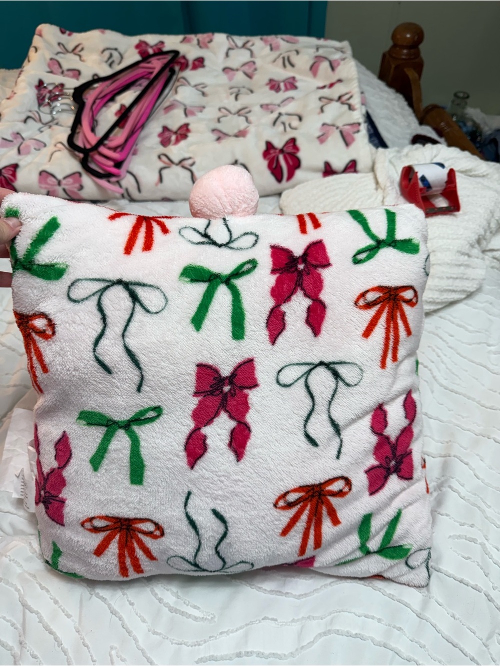 Target Plush Bow Accent Pillow - Pink with Green and red Bows